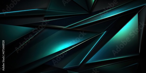 Black dark blue green abstract background. Geometric shape. 3d effect. Line triangle angle polygon wave. Color gradient. Light glow neon flash metallic.