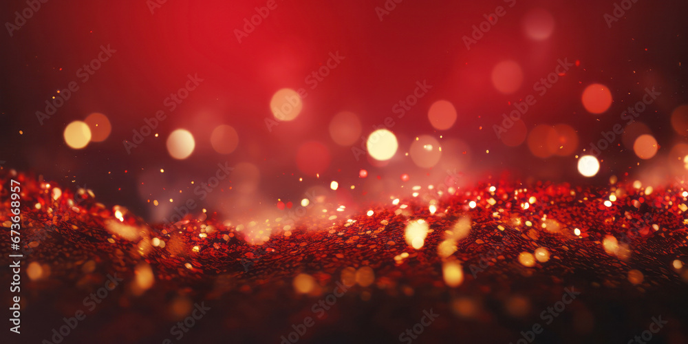 Obraz premium Golden abstract bokeh on red background. Celebrating Christmas, New Year or other holidays.
