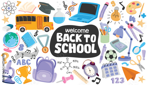 School supplies set. Back to school. Hand draw School equipment icons. Vector cartoon illustration in a flat style on a white background. 