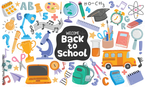 School supplies set Vector flat illustration in hand drawn style. Back to school.