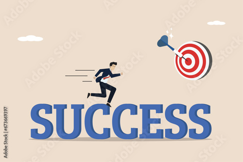 Successful businessman, businessman running success sign, overcoming obstacles to achieve success, concept of career path or process to success. Businessman vector illustration.