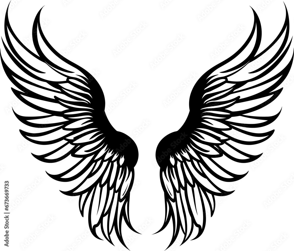 Obraz premium Angel wings tattoo silhouette in black color. Laser cutting eps10 vector template.