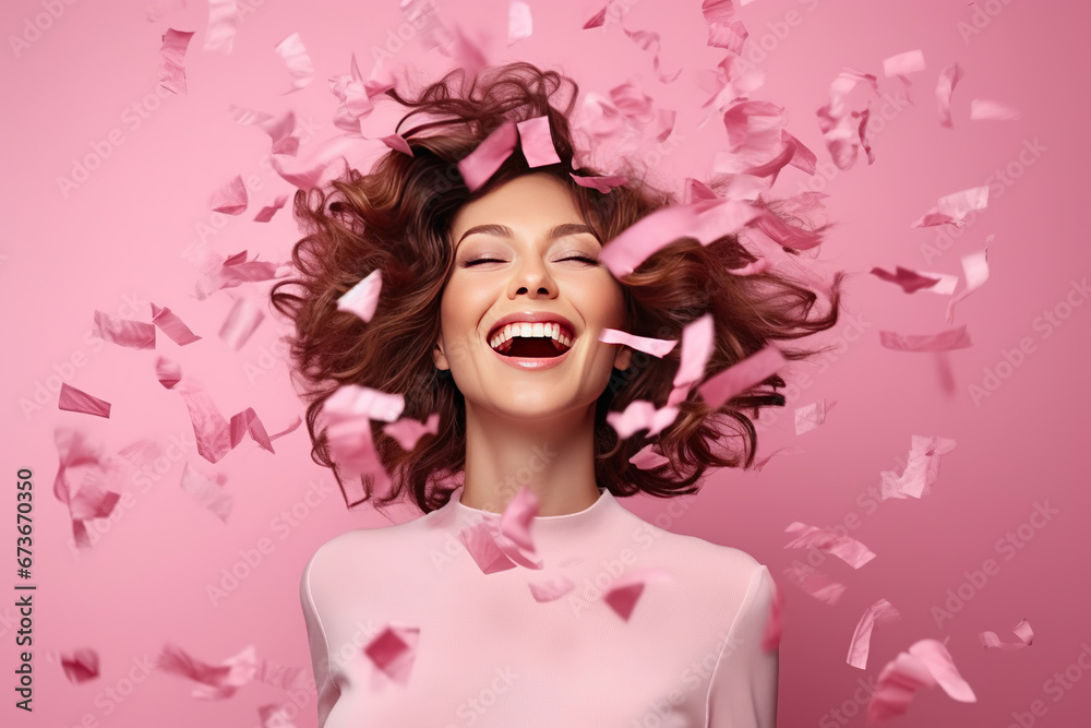 Fun party girl, smiling woman throwing confetti on a pastel pink background. Composition for birthday or woman's day. Party time concept. Fun party girl, smiling woman throwing confetti on a pastel pink background. Composition for birthday or woman's day. Party time concept.