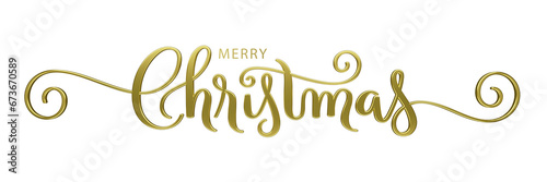 3D render of MERRY CHRISTMAS metallic gold brush calligraphy banner on transparent background