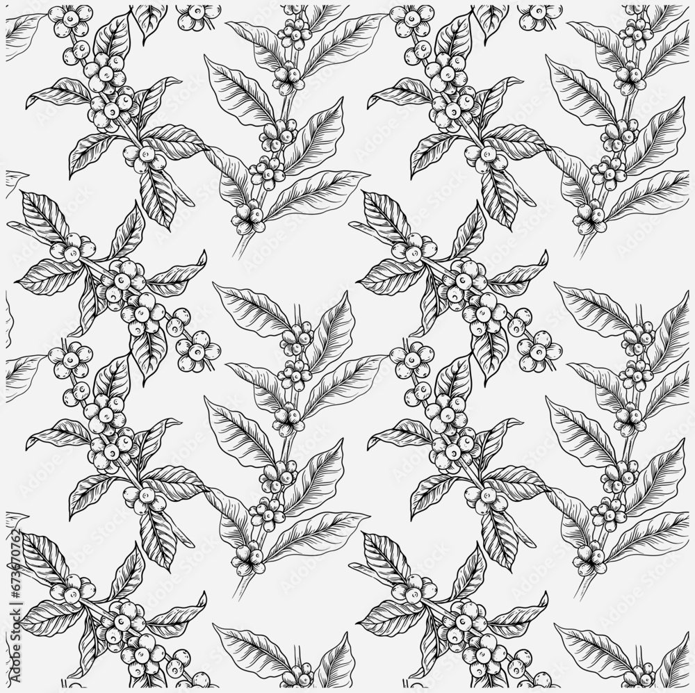 pattern seamless of flora coffee plant for fabric textile, backdrop, art sketch, background wallpaper, cafe decorative, illustration cover, vintage menu, arabica antique