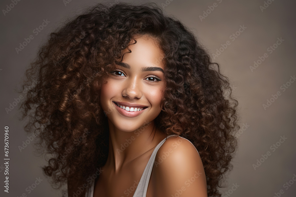 African beautiful woman portrait. Brunette curly haired young model with dark skin and perfect smile. African beautiful woman portrait. Brunette curly haired young model with dark skin and perfect smile.