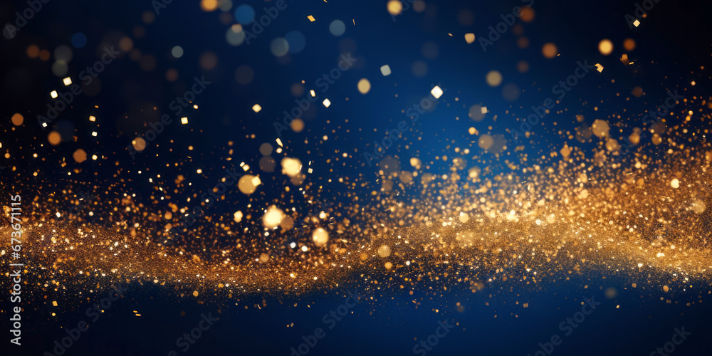 Golden abstract bokeh, waves and particles on blue background. Celebrating Christmas, New Year or other holidays.