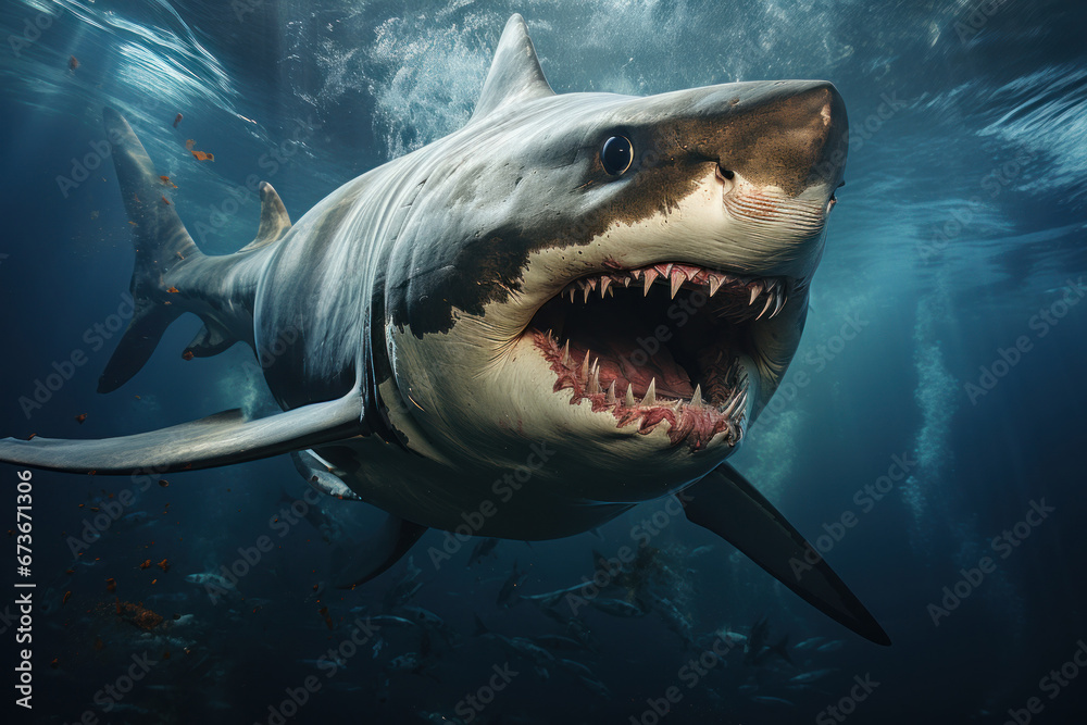 Obraz premium Angry Great White Shark with big tooth swimming in the ocean. AI Generative