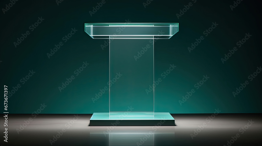 Clear acrylic podium with precise sharp edges. Muted teal background for showcasing tech accessories. Clear acrylic podium with precise sharp edges. Muted teal background for showcasing tech accessories.