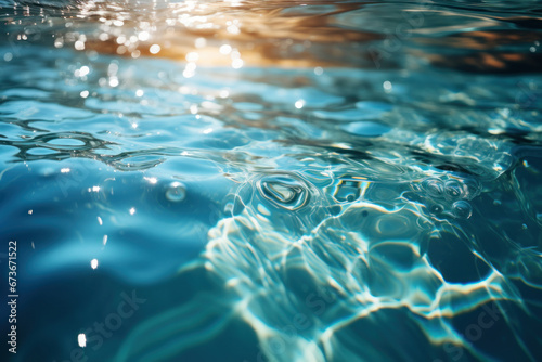 Blue water surface with bright sun light reflections water. Ai generative