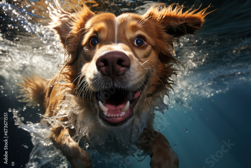Dog diving underwater. AI Generative © Uliana