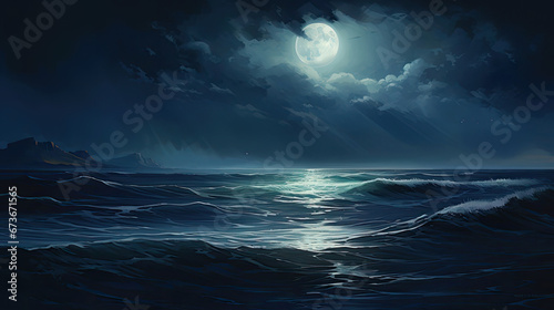 Ocean waves under the moonlight. Enchanting romantic atmosphere in deep blues and teals.