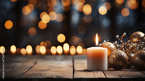 Burning candle with christmas decoration on wooden table against blurred lights