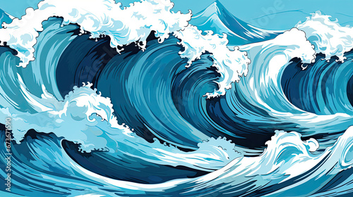 Retro pop-art style vibrant ocean waves. Energetic graphic wave pattern for vintage flair.