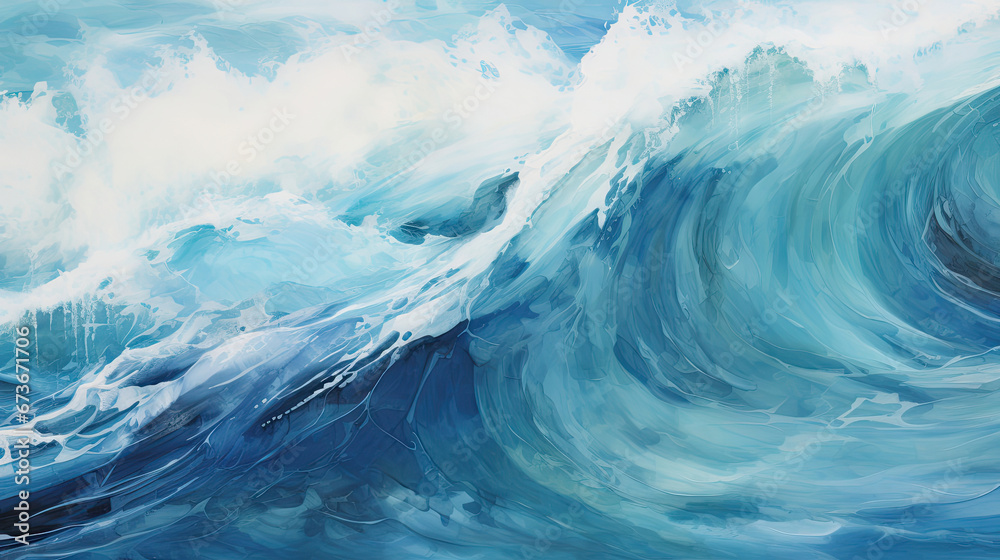 Bold swirling strokes of blue and teal create a visually striking wave pattern