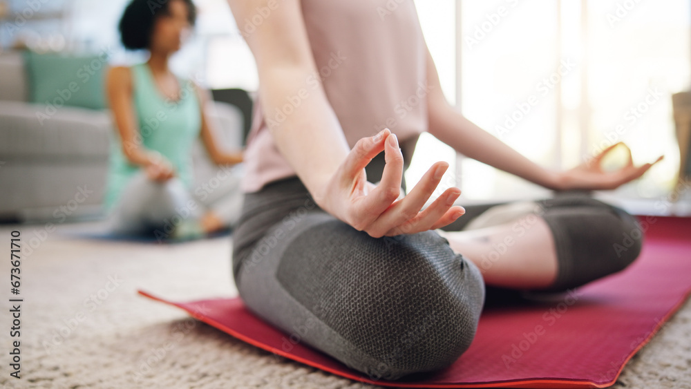 Yoga, meditation and lotus, hands of women in home to relax and mindfulness training in living room. Balance, calm and workout, friends in holistic exercise for peace and zen mind health in apartment