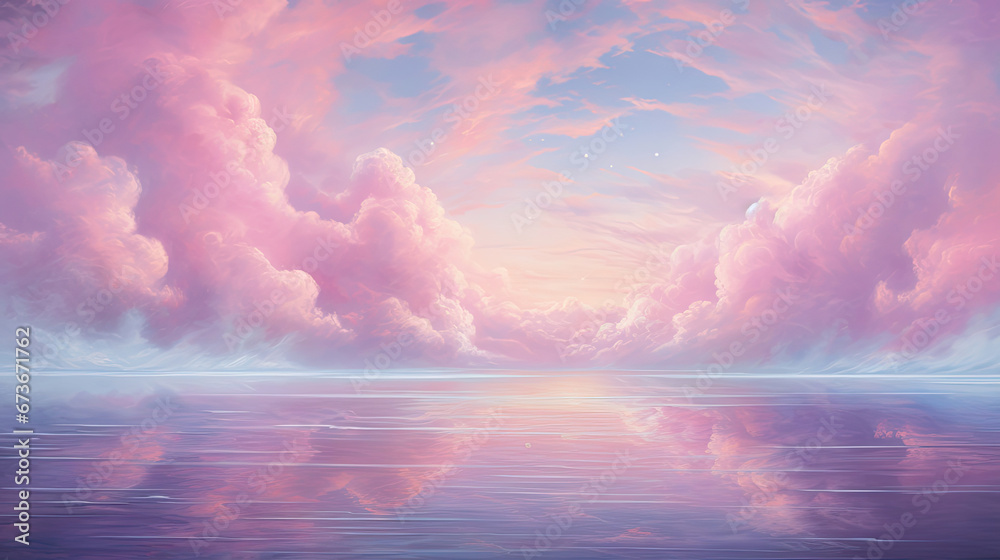 Surreal dreamscape: pastel clouds over stardust sea.