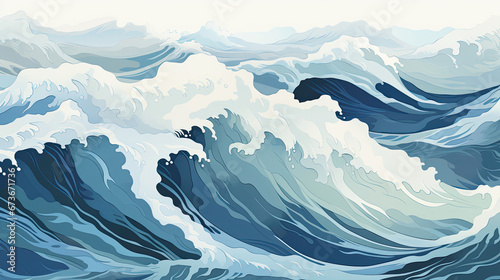 Muted blues and teals evoke vintage elegance in this wave illustration