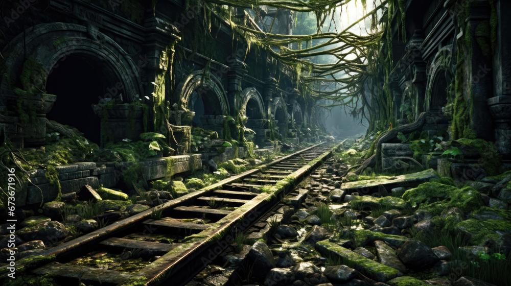 Obraz premium Beautiful decay and renewal at ancient railway station.