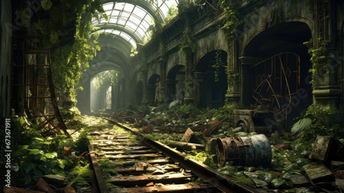 Overgrown railway station with vines and moss.