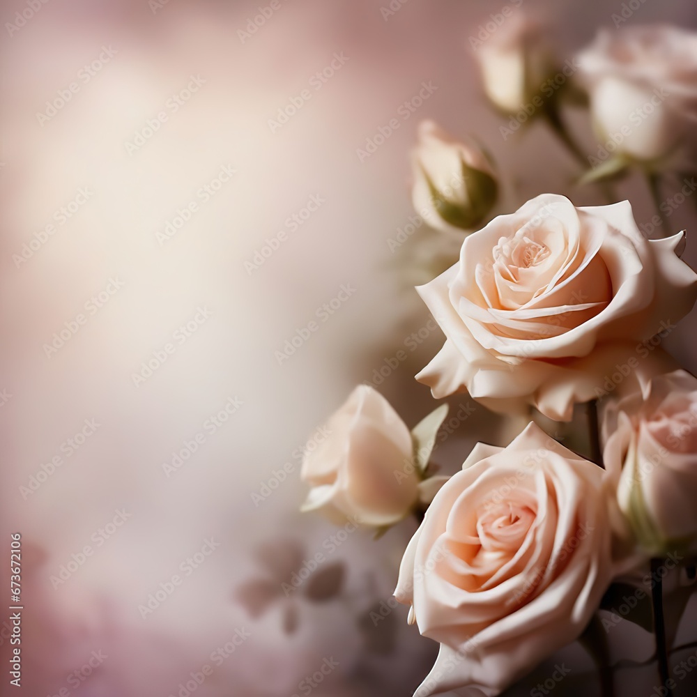 Fototapeta premium flower border. roses on a beige background. template for holiday card with place for text.