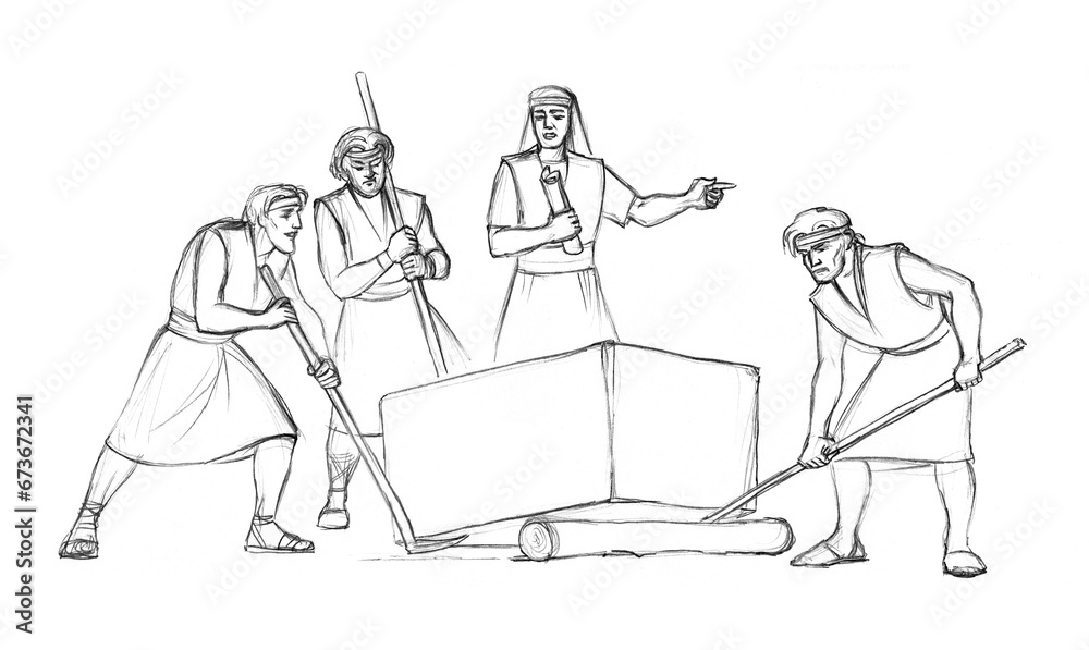 Obraz premium Pencil drawing. Ancient builders lifting stone