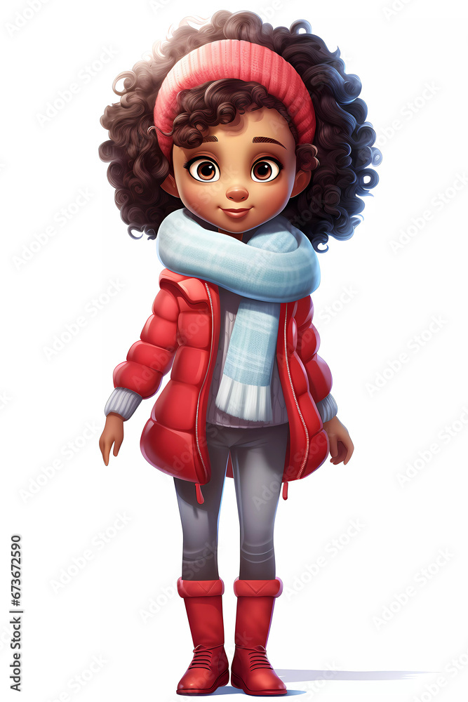 Cute Girl Dressed in Winter Clothes. Happy cartoon character. Realistic colorful isolated illustration on white background. Cute Girl Dressed in Winter Clothes. Happy cartoon character. Realistic colorful isolated illustration on white background.