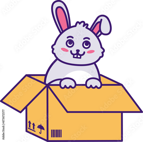 Cute small adopt eared hare sits in cardboard box and waits for owner help. Homeless rabbit. Pets and animals care concept. Vector cartoon illustration in thick stroke isolated on white background