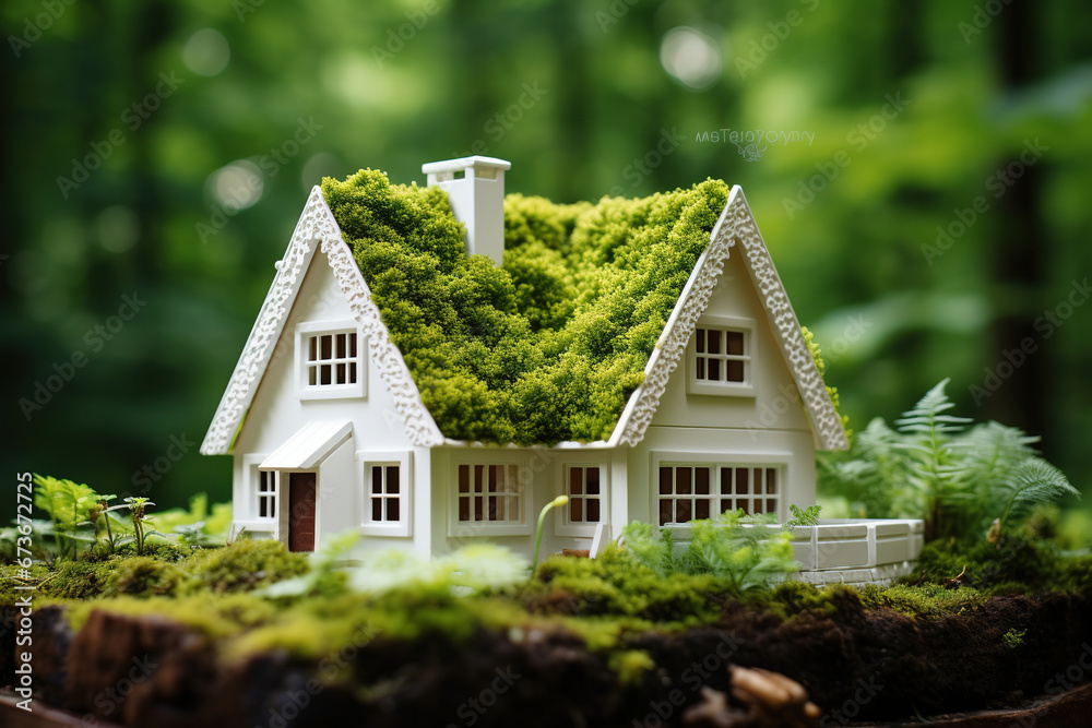 Eco friendly house. White home on moss in garden. Real estate investment and housing architecture and nature background. Eco friendly house. White home on moss in garden. Real estate investment and housing architecture and nature background.