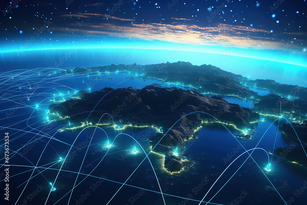 Connection lines around the Earth's surface, future technology backdrop with circles and lines. Internet, social media, travel, or logistical concepts. Connection lines around the Earth's surface, future technology backdrop with circles and lines. Internet, social media, travel, or logistical concepts.