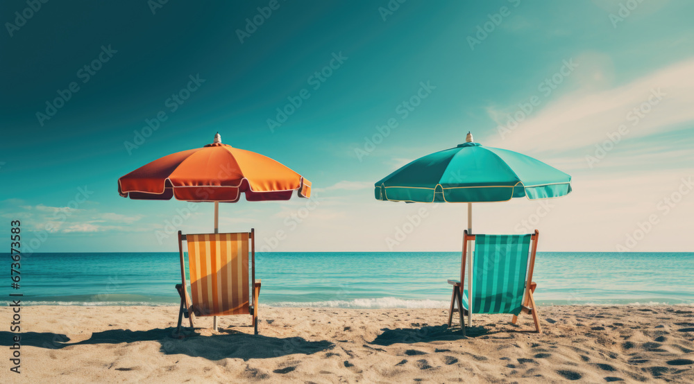 Two beach chairs under an umbrella on a sandy beach, with a turquoise ocean and palm trees in the background. Perfect for summer vacation and relaxation
