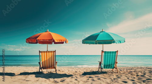 Two beach chairs under an umbrella on a sandy beach, with a turquoise ocean and palm trees in the background. Perfect for summer vacation and relaxation