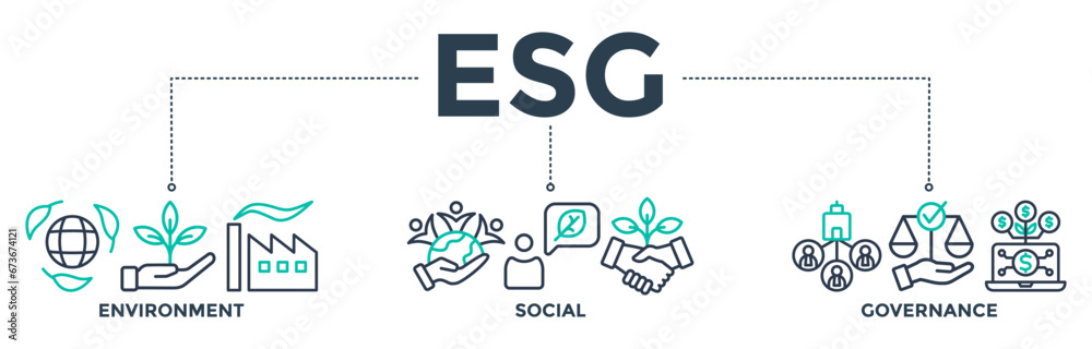 ESG banner web icon vector illustration for Environment Social Governance of corporate sustainability performance for investment screening ESG banner web icon vector illustration for Environment Social Governance of corporate sustainability performance for investment screening