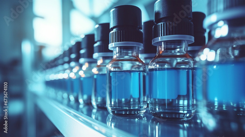 Medical ampoules with blue liquid on a conveyor belt