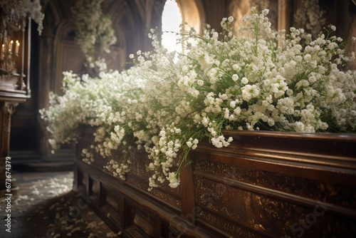 Coffin in the church with white flowers. Funeral ceremony. photo