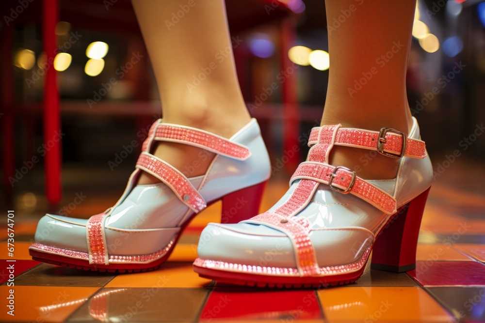A close up of a person wearing funky disco dancing high heel shoes in an American diner. A Glamorous Close-Up of Striking High Heels