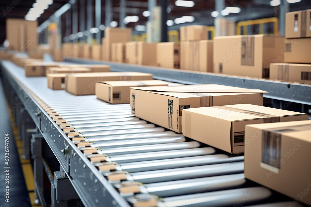 Closeup of multiple cardboard box packages seamlessly moving along a conveyor belt in a warehouse fulfillment center, a snapshot of e-commerce, delivery, automation and products. Closeup of multiple cardboard box packages seamlessly moving along a conveyor belt in a warehouse fulfillment center, a snapshot of e-commerce, delivery, automation and products.
