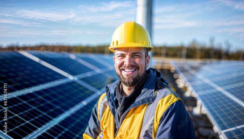 Sunlit portrait of a male worker in a vibrant solar power plant. Sunlit portrait of a male worker in a vibrant solar power plant.