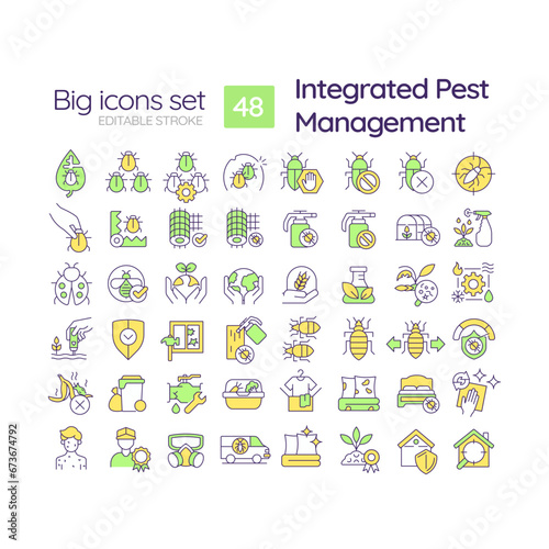 Editable multicolor big line icons set representing integrated pest management, isolated vector, linear illustration.