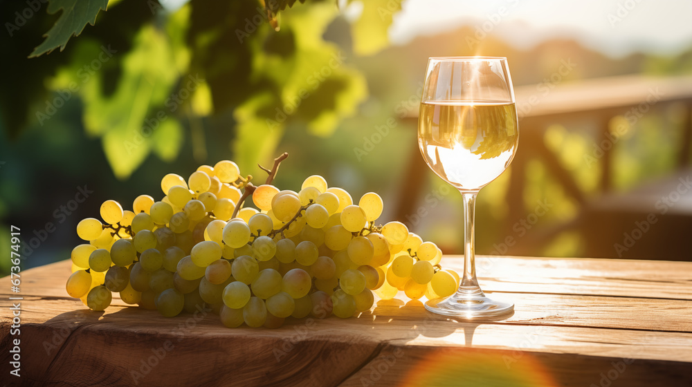 A glass of white wine and grape on an old wooden table, vineyard background.