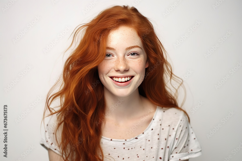 Closeup of happy attractive young woman with long wavy red hair and freckles wears stylish t shirt looks happy and smiling isolated over background Closeup of happy attractive young woman with long wavy red hair and freckles wears stylish t shirt looks happy and smiling isolated over background