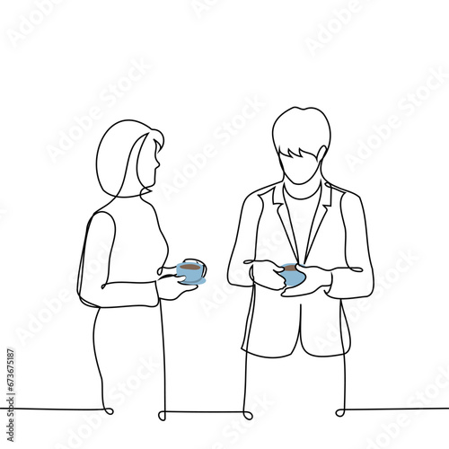 a woman and a man in office clothes stand next to each other holding cups of coffee or tea - one line art vector. concept opposite-sex colleagues at a coffee break
