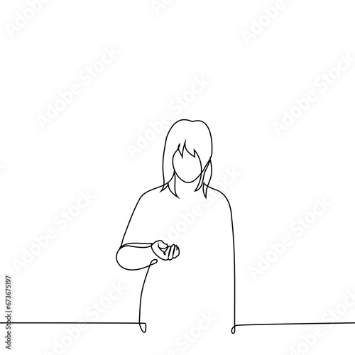 woman stands with an outstretched hand or looks at a change in his hand - one line art vector. concept begging, counting change