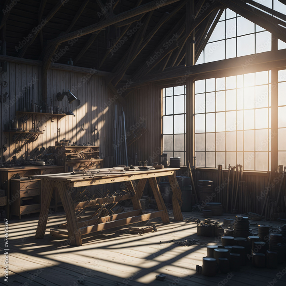 Woodworking Hangar With Workbench, Wooden Planks, Large Windows With Sun Light, Generative Ai - obrazy, fototapety, plakaty 