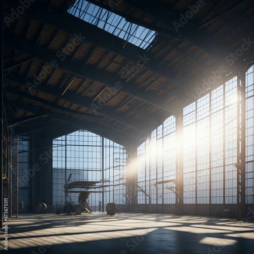 Large Empty Metal Factory Hangar, Big Windows With Sunrays Trough Dust, Generative AI