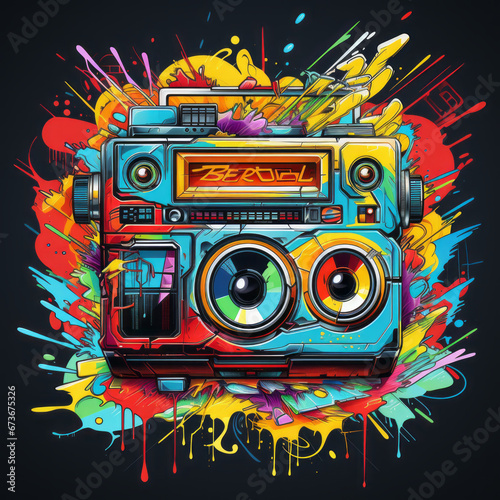 Nostalgic 90s-style T-shirt design with neon boombox.