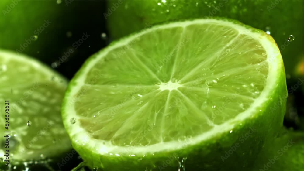 Drops of water fall on a cut lime. Filmed on a high-speed camera at 1000 fps. High quality FullHD footage Drops of water fall on a cut lime. Filmed on a high-speed camera at 1000 fps. High quality FullHD footage