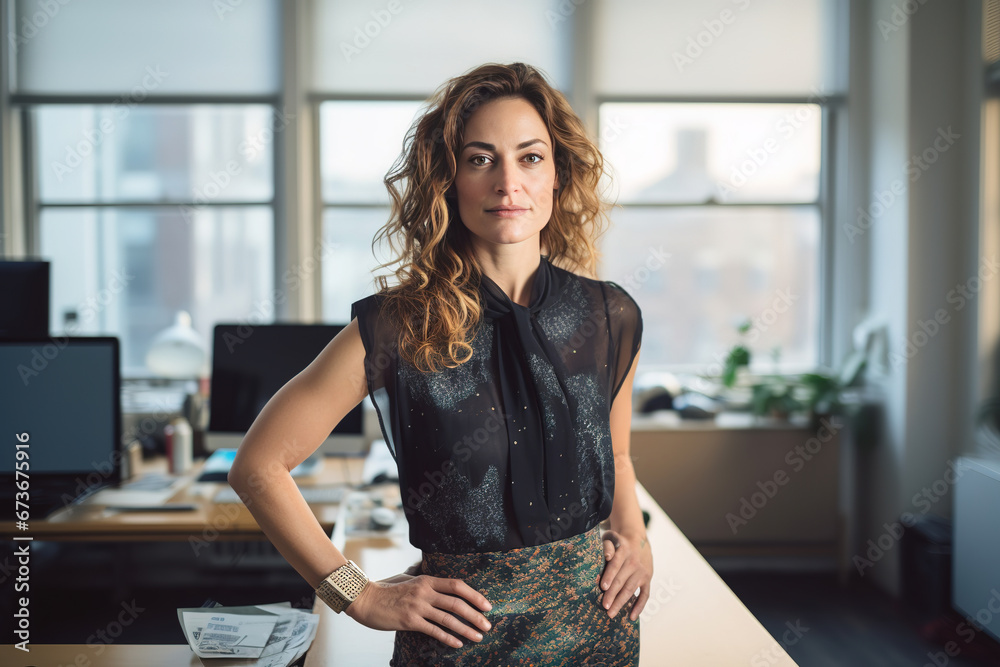 Casual portrait of a designer in her office standing by her desk, daylight coming through the window, corporate photography.