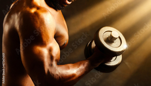 Biceps Workout. Close-up of a black person, a bodybuilder, training by lifting a dumbbell. Large bicep in the foreground on dark background illuminated by light beams.