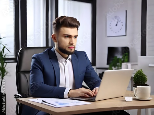 businessman working on laptop in office in dark blue coat